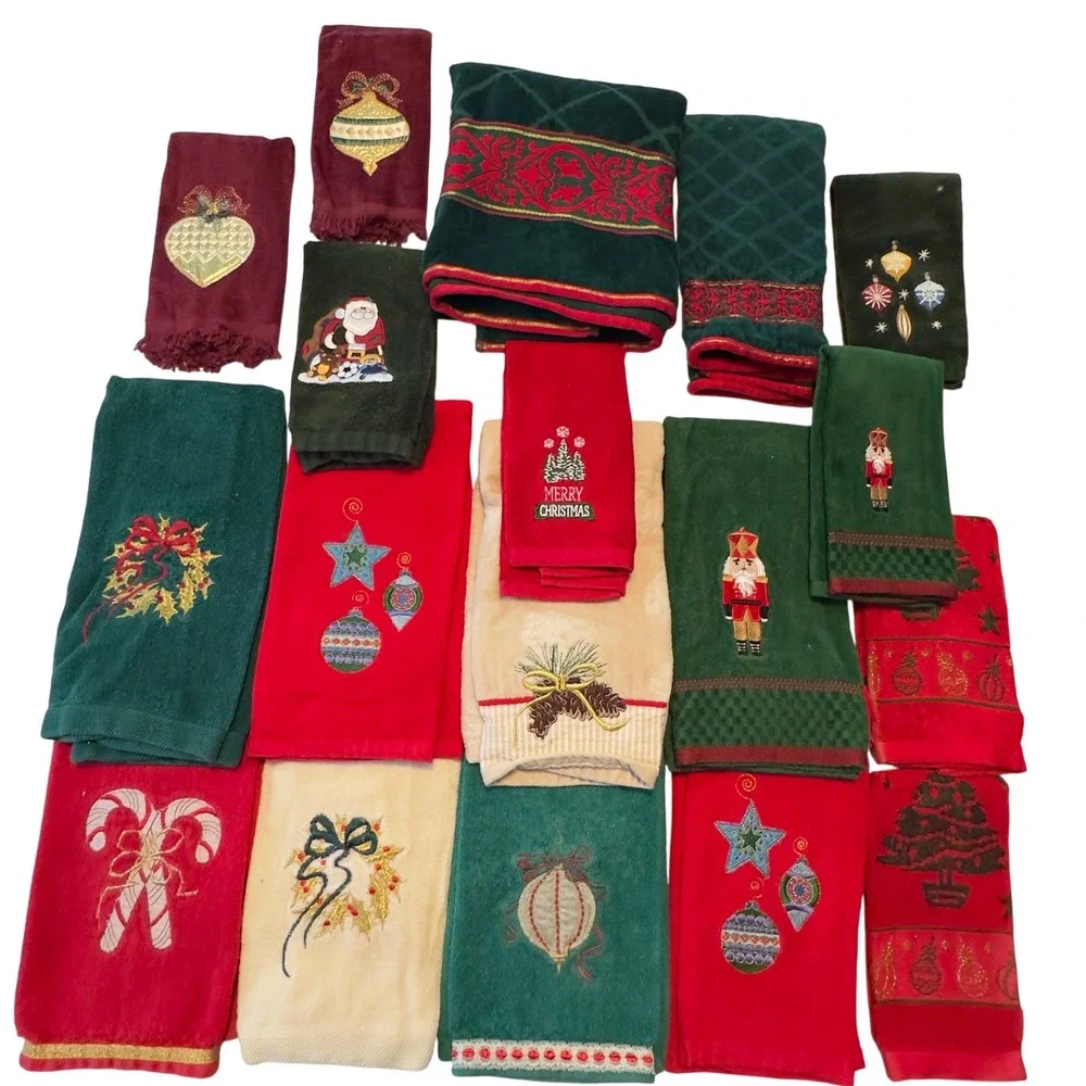 Vtg Christmas Holiday Hand Towel Lot 18pc Nutcracker Santa Embroidered Red Green